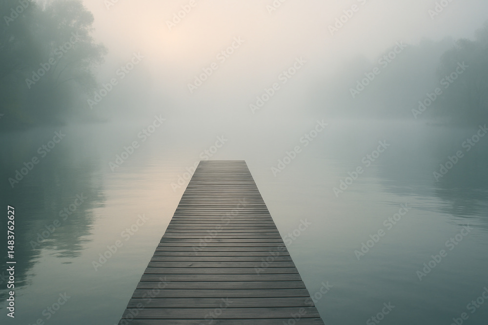 Fototapeta premium A duck waddling on a dock extending into a tranquil lake.