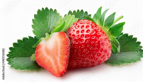 perfectly cleaned strawberry with leaves isolated on the white background with clipping path