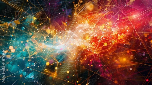 Abstract digital network. A vibrant, chaotic blend of interconnected lines and glowing particles in a dynamic display of data flow and connection
