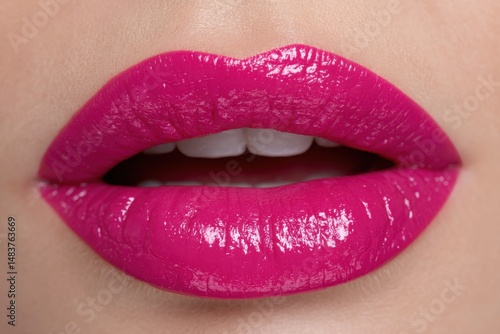 Extreme close-up of luscious lips with bright pink lipstick, displaying a perfect pout, full and defined shape against a soft skin backdrop, macro beauty shot.