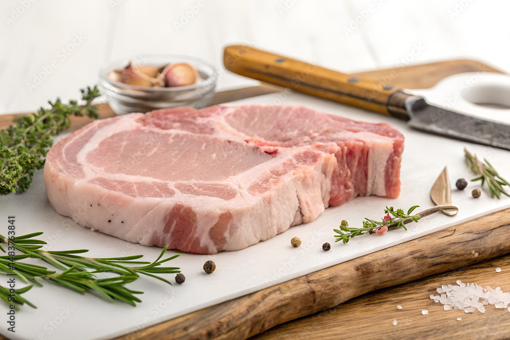 Fototapeta premium Raw Pork Chop on Cutting Board