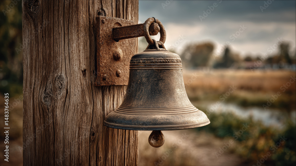Obraz premium Vintage bell hangs on a rustic wooden post near a serene landscape during late afternoon