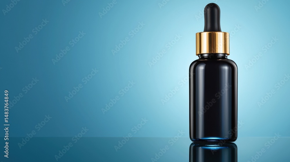 Elegant Black Dropper Bottle on Reflective Surface against Calming Blue Gradient Background Elegant Black Dropper Bottle on Reflective Surface against Calming Blue Gradient Background