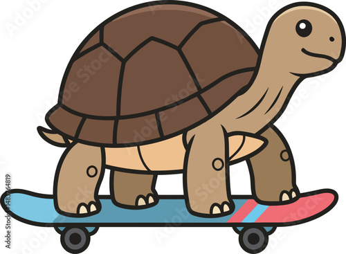 Turtle riding skateboard with blue and red deck cute animal vector illustration 