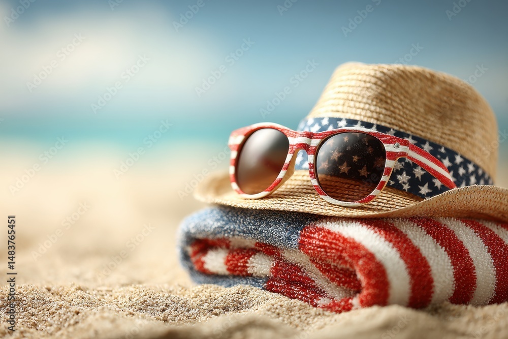 Summer beach vacation scene with American flag themed accessories, including straw hat, sunglasses and towel on a sandy background, with blue sky and sea. Summer beach vacation scene with American flag themed accessories, including straw hat, sunglasses and towel on a sandy background, with blue sky and sea.