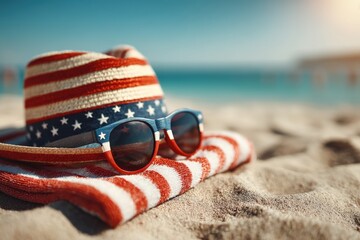 A patriotic beach scene with an American flag hat and sunglasses on a towel, evoking summer vibes and national pride, under bright sun on a sandy beach.