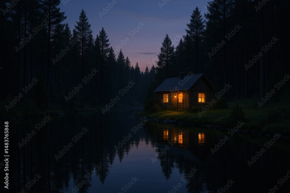 Fototapeta premium Glowing cabin nestled in dark woods at night.