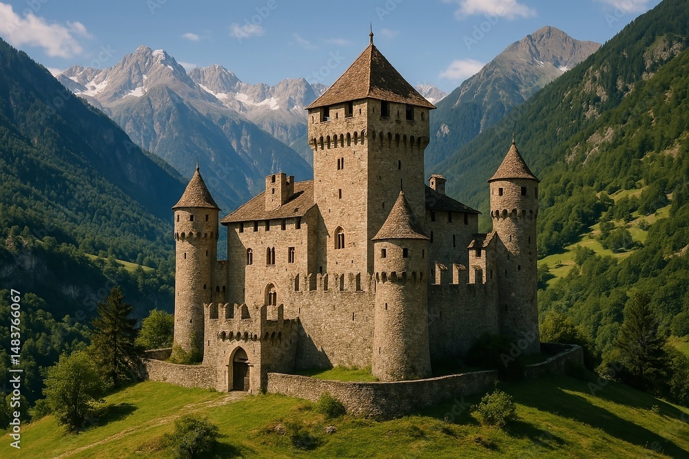 medieval stone castle in the Alps, Italy AI generated medieval stone castle in the Alps, Italy AI generated