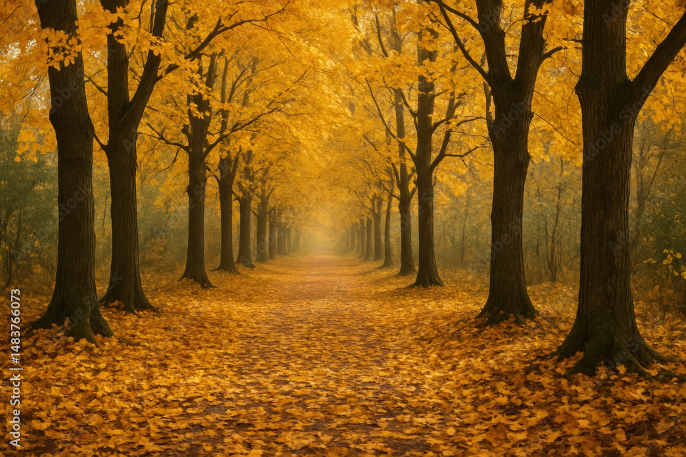 Fototapeta premium Yellow leaves covering forest path.