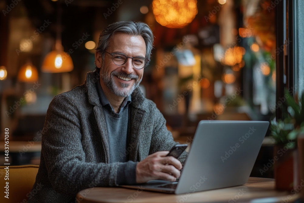 Smiling middle aged man sitting in a coffee shop and checking his bank account on mobile and laptop. Handsome businessman using the laptop for e-banking at Smiling middle aged man sitting in a coffee shop and checking his bank account on mobile and laptop. Handsome businessman using the laptop for e-banking at