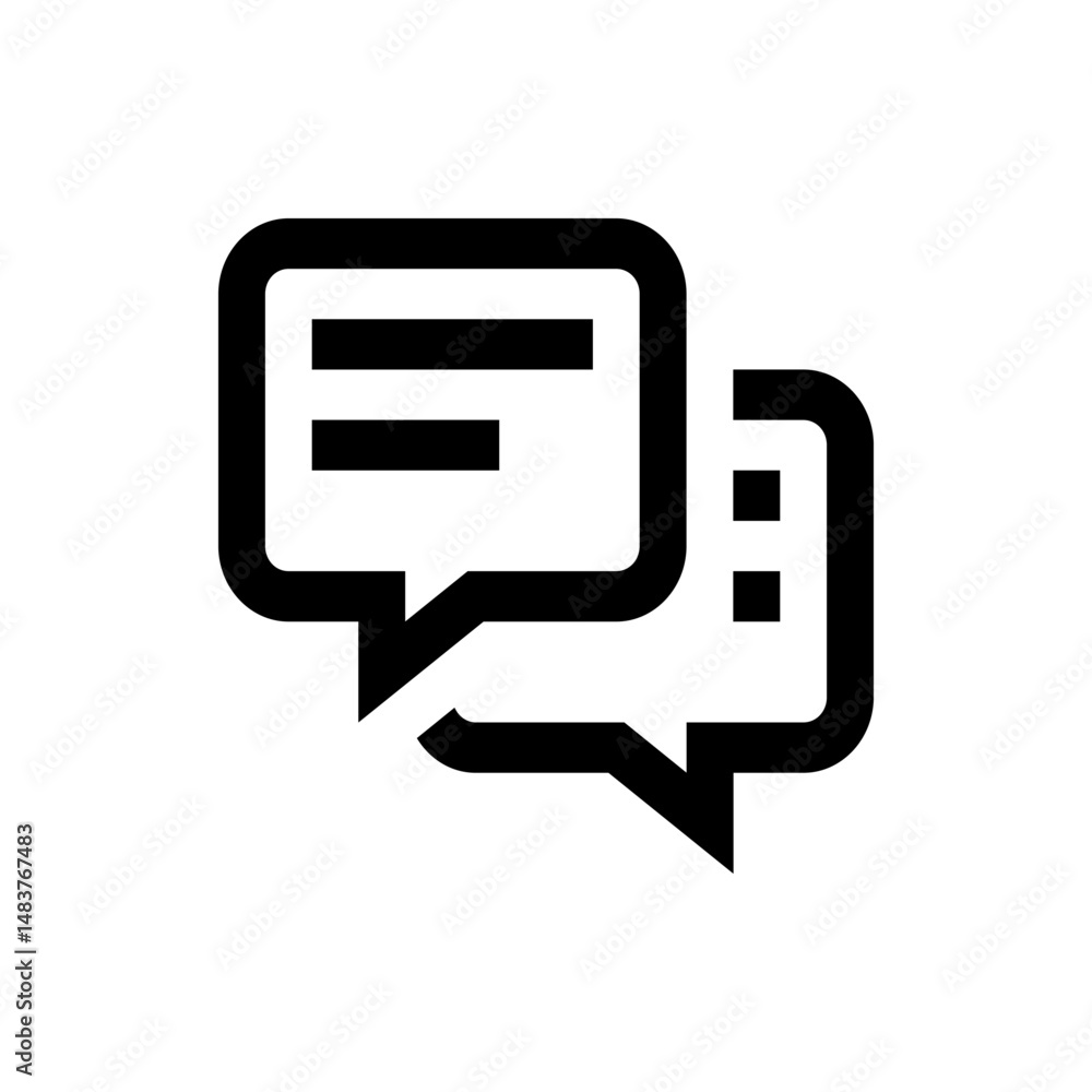Two overlapping speech bubbles with text and dots representing a conversation or communication icon Two overlapping speech bubbles with text and dots representing a conversation or communication icon