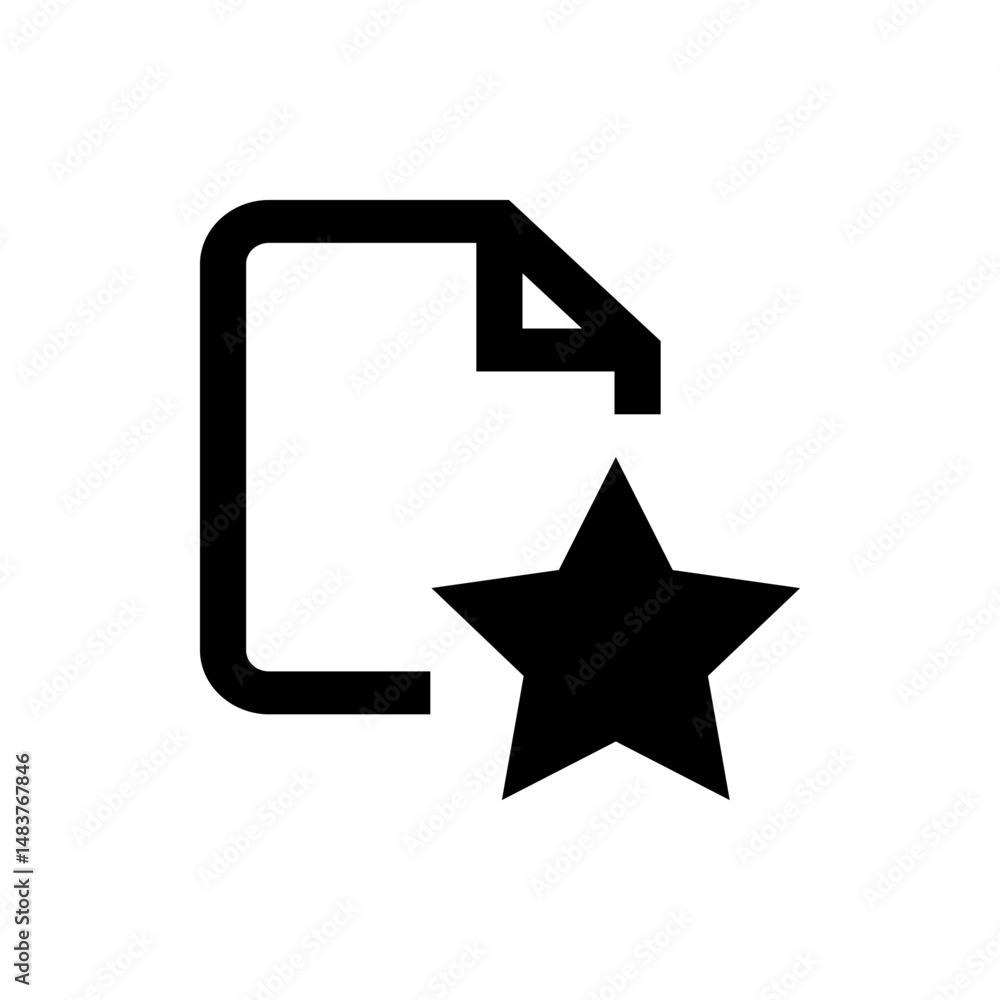 Black outline of a document with a folded corner and a five pointed star placed on the lower right side Black outline of a document with a folded corner and a five pointed star placed on the lower right side