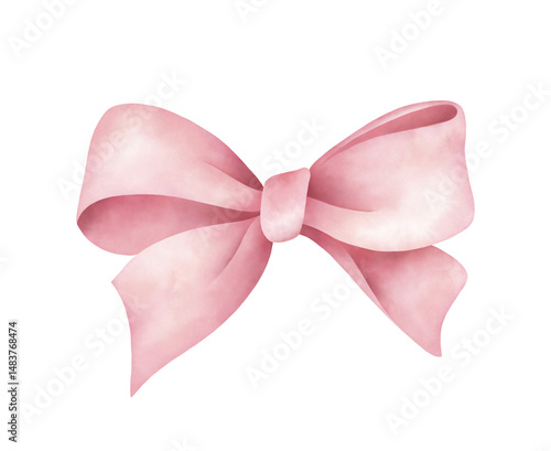 Classic pink bow with soft shading. Hand-painted illustration of a decorative ribbon in watercolor style on white. Clipart element for greeting cards, invitations, holiday decorations.