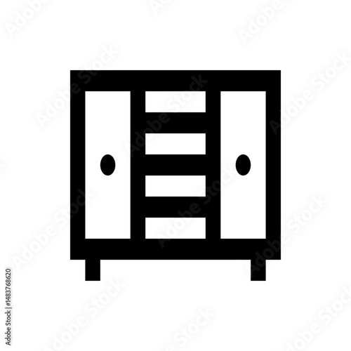 Illustration of a black outline cabinet with two doors and three shelves in the middle on a white background