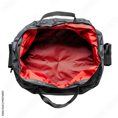 top view of open gym bag on white background
