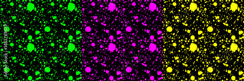 Seamless CMYK paint splatter pattern. Grunge colorful ink drops texture. Cyan, magenta, yellow splashes on black background. Urban style graffiti print for design, fabric, wallpaper, wrapping.