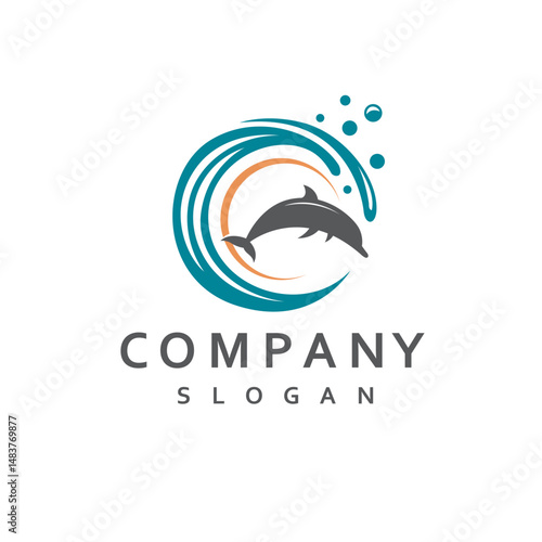 emblem of dolphin, sun and sea waves isolated on white background