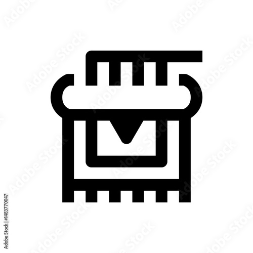 Stylized black and white illustration of a chest with vertical bars and a central inverted v shape design