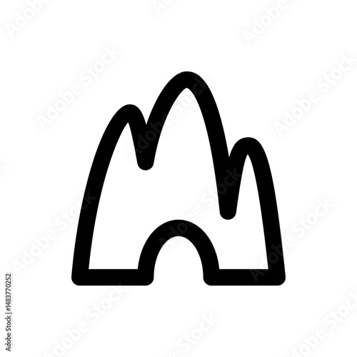 Illustration of a stylized mountain range with three peaks and a cave at the base in a simple black outline