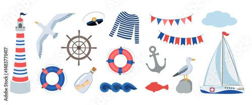 Nautical elements collection. Lighthouse and sailboat. Marine accessories clipart. Steering wheel, lifebuoy, seagull, albatross, fish. Sea travel summer holiday journey icons. Flat design cartoon set.