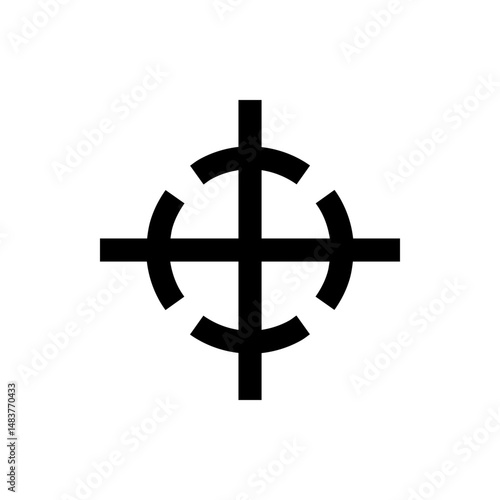 A bold black crosshair target icon with four partial circles around the center point in a simple style