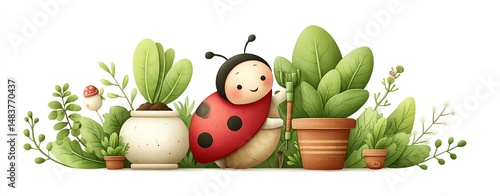 Adorable Ladybug Gardener Amidst Lush Green Potted Plants