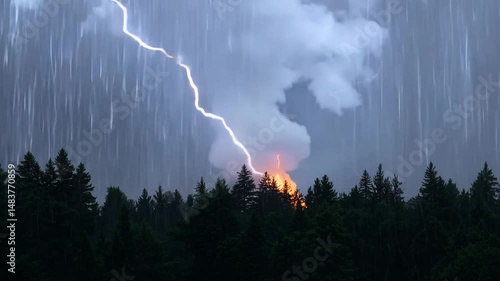 wide video of a lightning strike hitting a tree in a forest at night during a heavy thunderstorm with dramatic storm lighting and relentless rain illuminating the surrounding trees dramatic storm