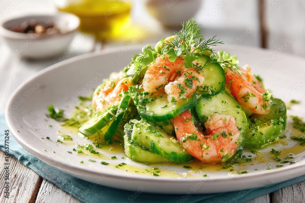 Delicious and vibrant shrimp salad featuring avocado, cucumber, dill, and a light vinaigrette dressing presented on a modern white plate for a healthy meal. Delicious and vibrant shrimp salad featuring avocado, cucumber, dill, and a light vinaigrette dressing presented on a modern white plate for a healthy meal.