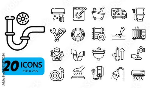 Set of 20 Plumbing and HVAC Service Icons, Outline Style, 256x256 Pixels