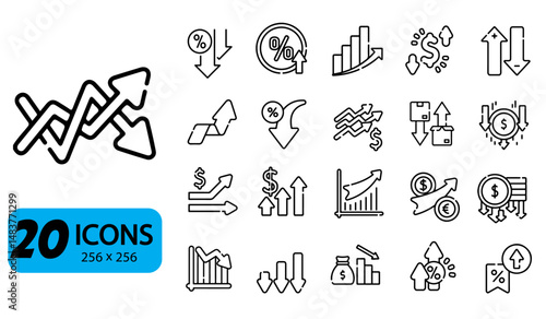 Set of 20 Increase and Decrease Icons, Outline Style, 256x256 Pixels