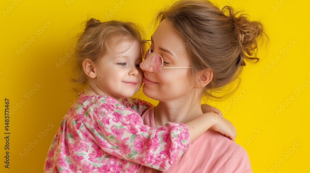 Mother and daughter share a joyful moment with a bright yellow background capturing their love and connection