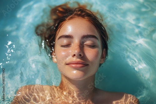 High angle view of woman relaxing in the swimming pool water with closed eyes. summer vacation. generative AI