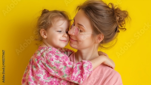 Obraz na płótnie Mother and daughter share a joyful moment with a bright yellow background capturing their love and connection w salonie