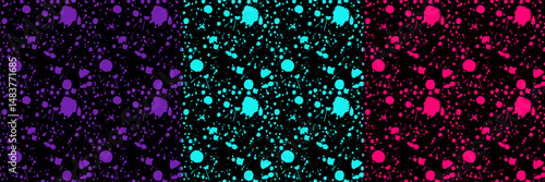 Seamless neon paint splatter pattern. Colorful grunge ink drops texture with violet, cyan, and pink colors. Urban spray art background for fabric, wrapping, wallpaper, and modern design.