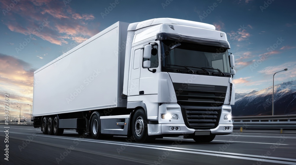 Semi truck cruising highway during golden sunset, hauling cargo past snow capped mountain range under dramatic evening light Semi truck cruising highway during golden sunset, hauling cargo past snow capped mountain range under dramatic evening light