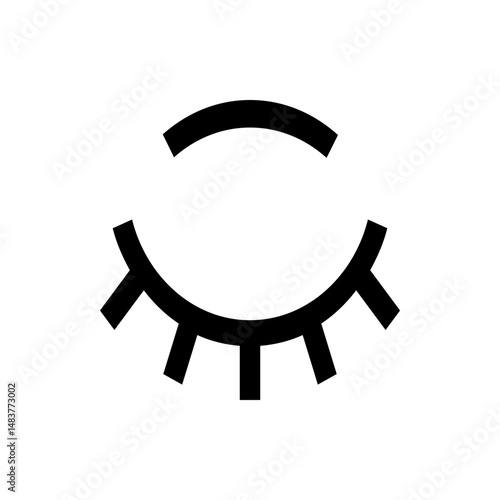 Stylized depiction of a closed eye with thick lashes and eyebrow in a minimalist black and white design
