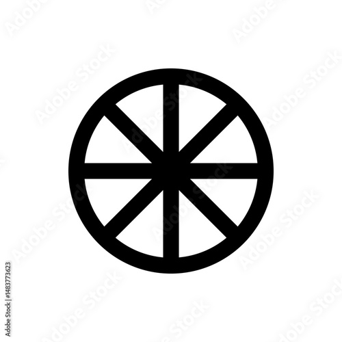 Illustration of a black dharmachakra wheel with eight spokes on a white background in simple graphic style