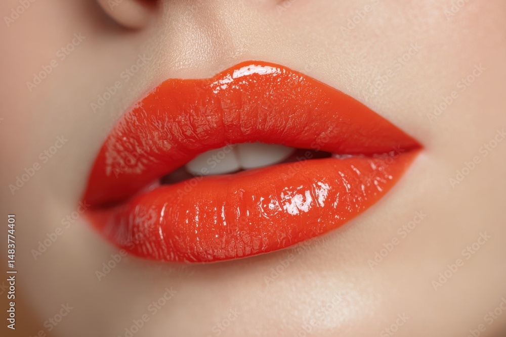 Fototapeta premium Close-up shot of full lips with a vibrant, glossy red lipstick, showcasing perfect facial makeup and a touch of elegance, enhancing beauty and a youthful appearance.