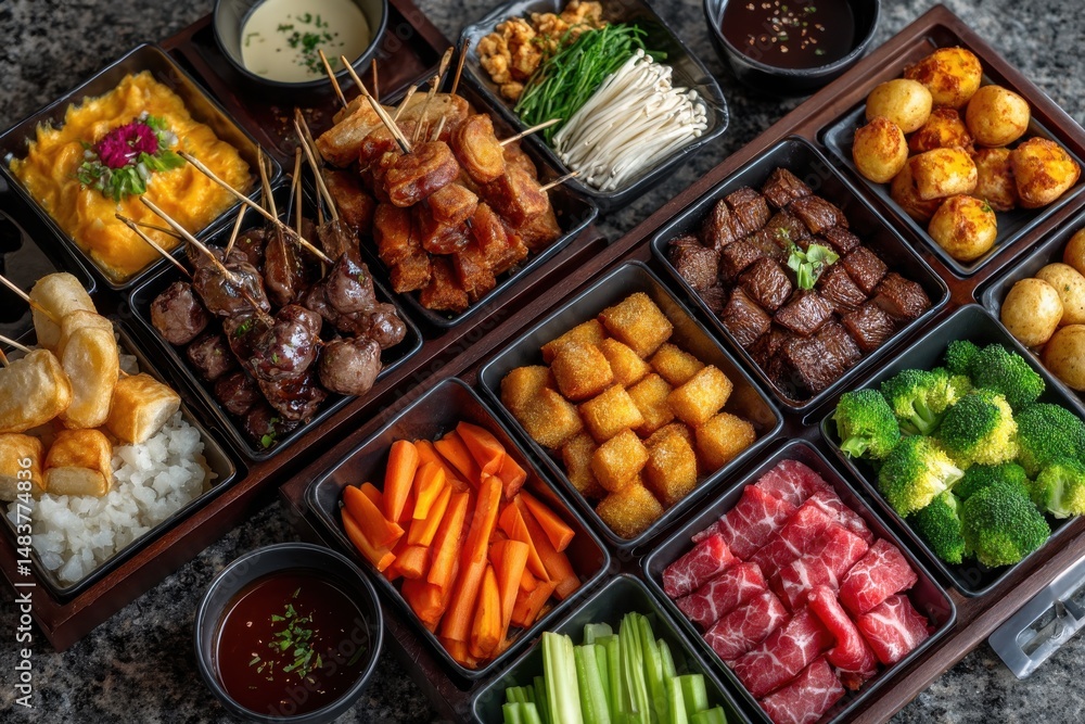 An artistic arrangement of hot pot ingredients on a wooden tray, showcases variety, freshness, and culinary excellence, inviting a delightful dining experience. An artistic arrangement of hot pot ingredients on a wooden tray, showcases variety, freshness, and culinary excellence, inviting a delightful dining experience.