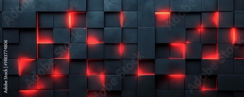 Abstract geometric black red 3d texture wall with squares and square cubes background banner illustration with glowing lights, textured metal wallpaper (Generative
