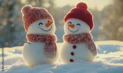 Winter holiday christmas background banner - Closeup of two cute knitted funny laughing snowmen with red wool hat and scarf, on snowy snow snowscape, illuminated by the