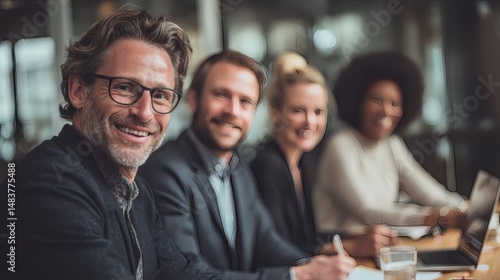 A diverse group of colleagues sits together at a table, smiling and collaborating during a meeting, fostering a positive and inclusive atmosphere.