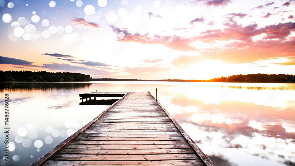 Fototapeta premium Dreamy Sunset Reflections Over Lake with Soft Bokeh Effects