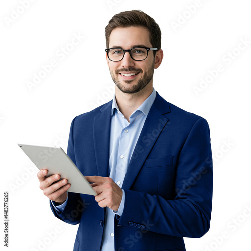 Confident Businessman in Formal Suit Using Tablet – Smiling Male Professional with Glasses on Transparent Background