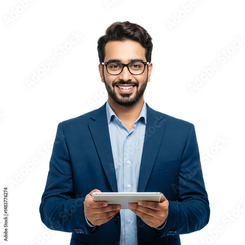 Confident Businessman in Formal Suit Using Tablet – Smiling Male Professional with Glasses on Transparent Background