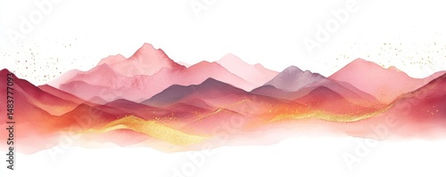 Soft pastel color watercolor abstract brush painting art of beautiful mountains, mountain peak minimalism landscape with golden lines, panorama banner