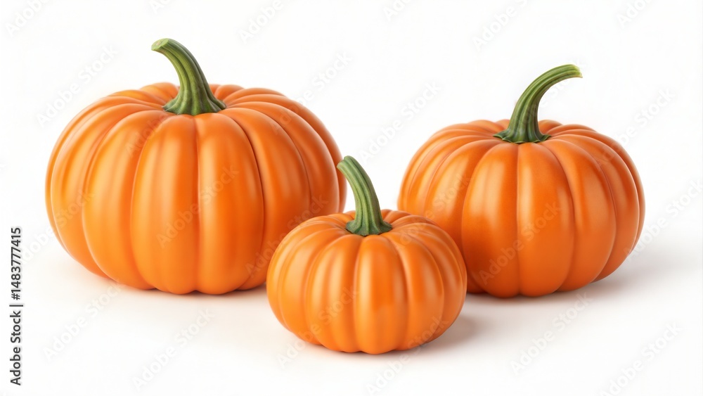 Three orange pumpkins arranged on white background Three orange pumpkins arranged on white background