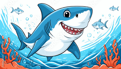 Playful cartoon shark swimming among colorful coral reef  