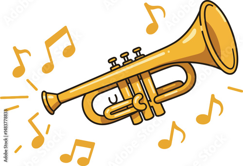 Trumpet musical instrument with sound notes in yellow vector illustration drawing 
