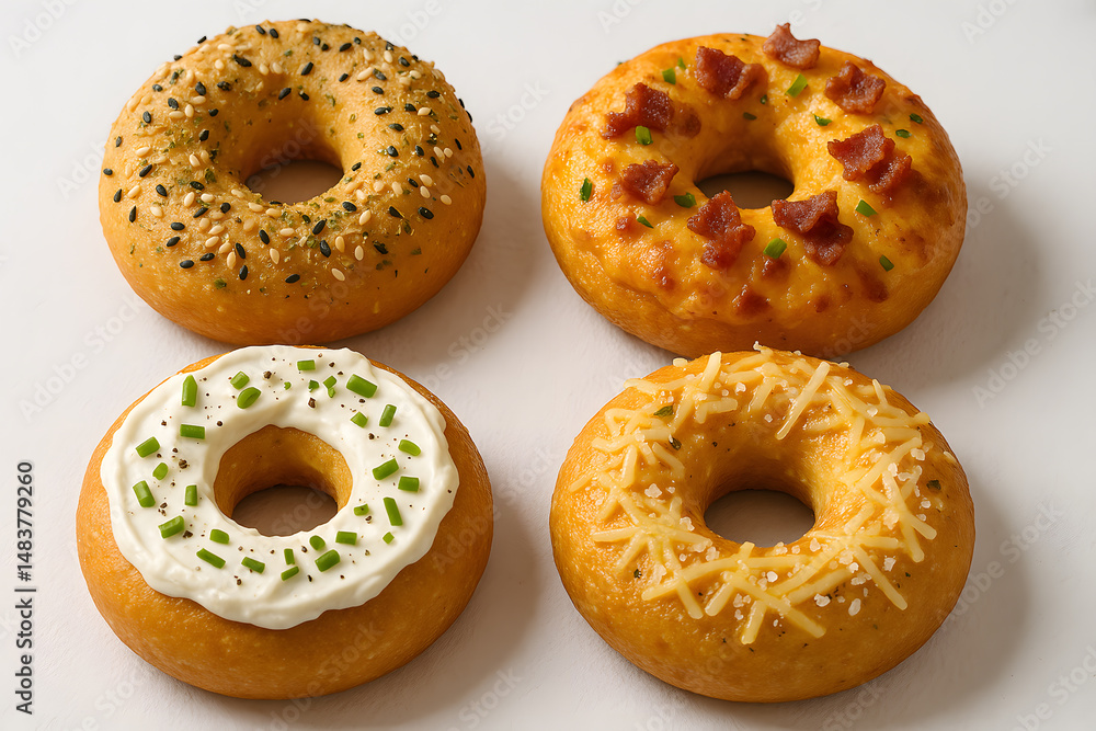 Four donuts with different toppings, including cheese and bacon Four donuts with different toppings, including cheese and bacon